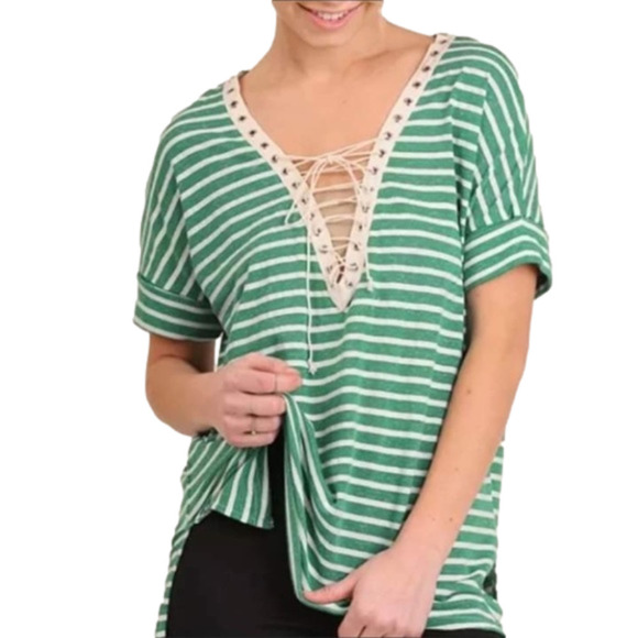 UMGEE Striped Lace Up Boho High Lo Top - Picture 1 of 9